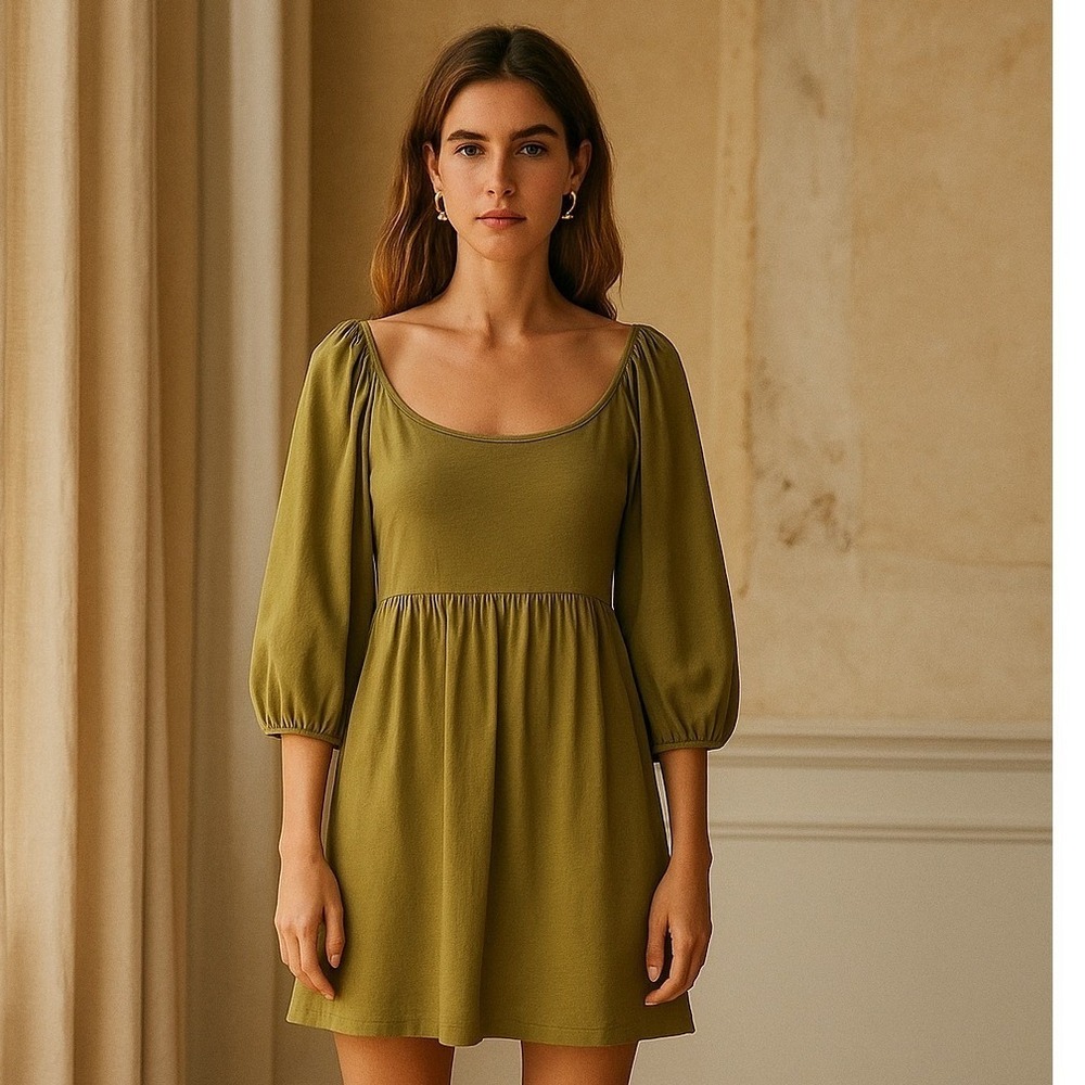 Nation LTD Dress Size L Olive Green Cotton Puff Sleeve Babydoll Peasant NEW